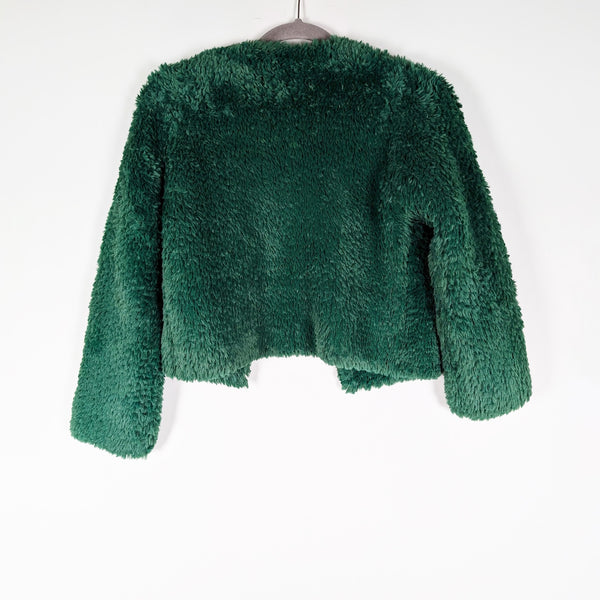Alice + Olivia Fawn Faux Fur Open Front Semi Cropped Ultra Soft Jacket Emerald S