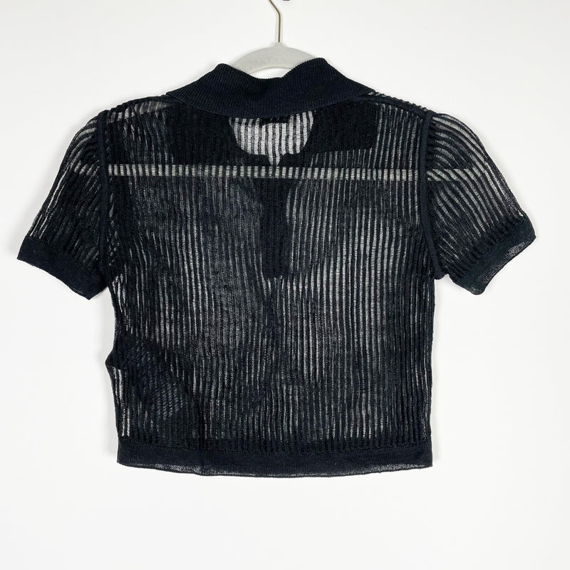 Saint Laurent Linen Silk Semi Sheer Ribbed Short Sleeve Cropped Polo Shirt Black