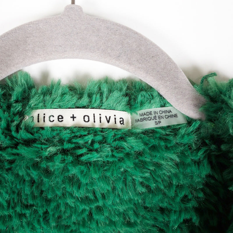 Alice + Olivia Fawn Faux Fur Open Front Semi Cropped Ultra Soft Jacket Emerald S