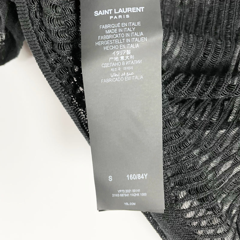 Saint Laurent Linen Silk Semi Sheer Ribbed Short Sleeve Cropped Polo Shirt Black