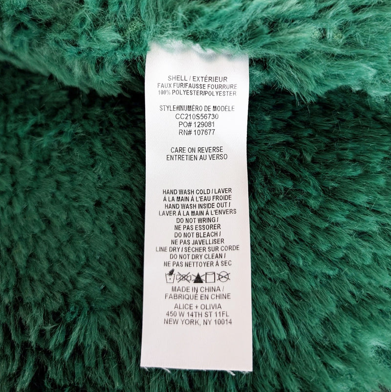 Alice + Olivia Fawn Faux Fur Open Front Semi Cropped Ultra Soft Jacket Emerald S