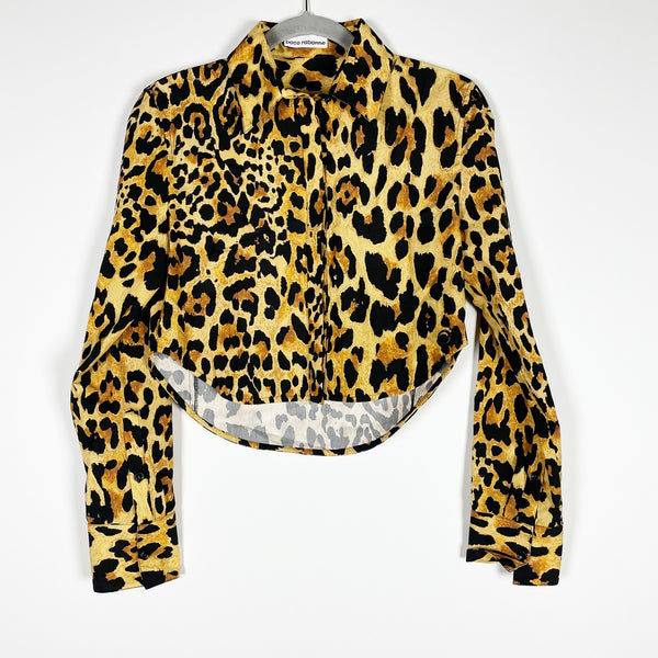 Paco Rabanne Cotton Poplin Cheetah Leopard Animal Print Cropped Button Down Top