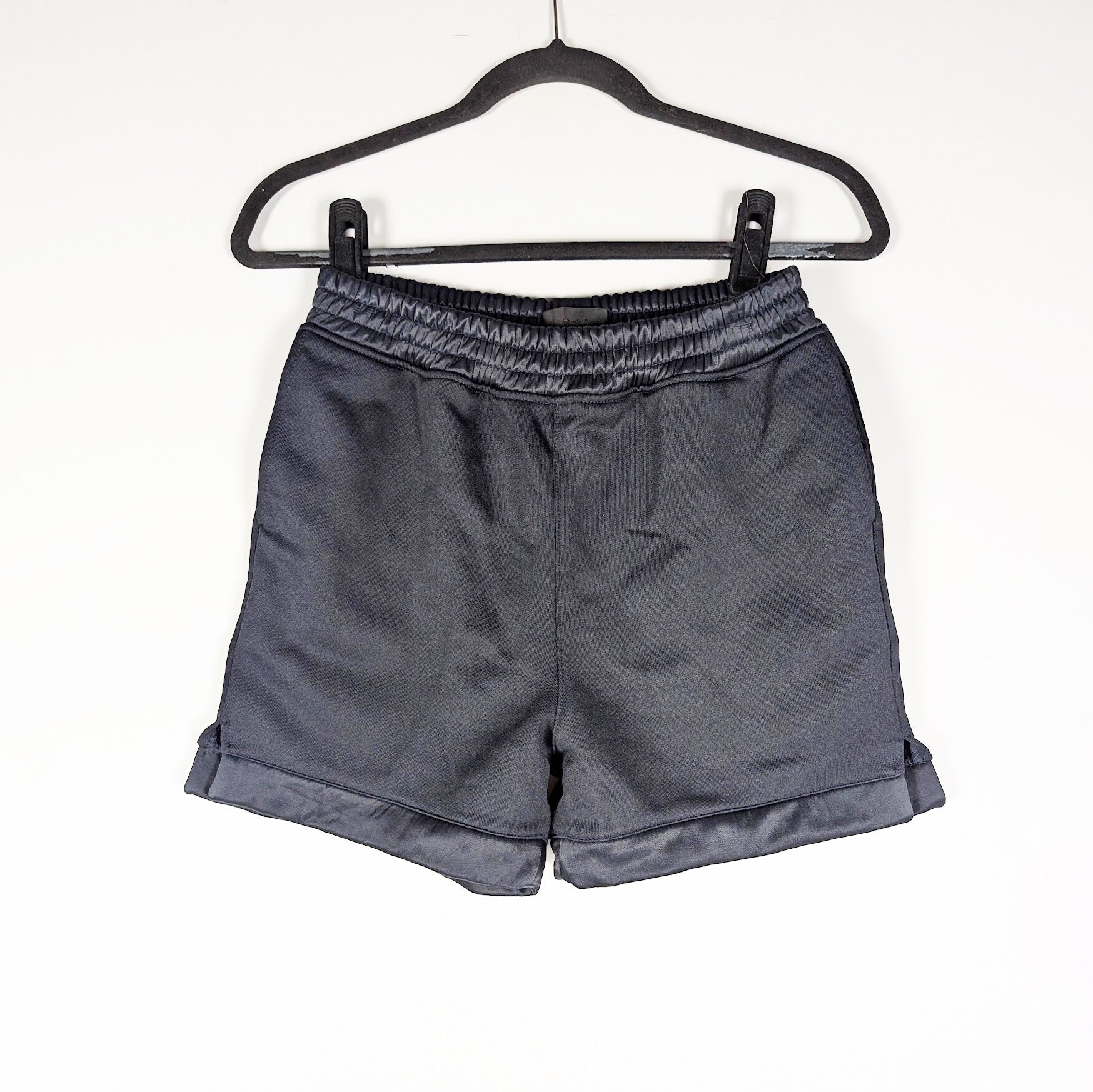 RTA Edgar Low Rise Pull On Mini Satin Trim Stretch Waist Shorts Navy Blue XS