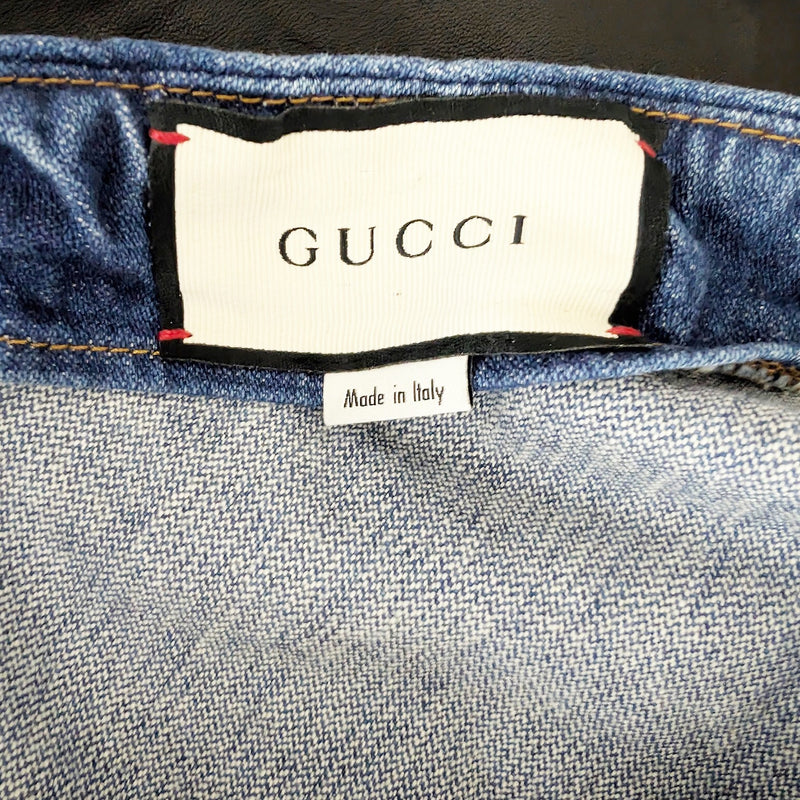 Gucci Marble Washed Cotton Stretch Logo Button Front Denim Mini Skirt In Blue 38