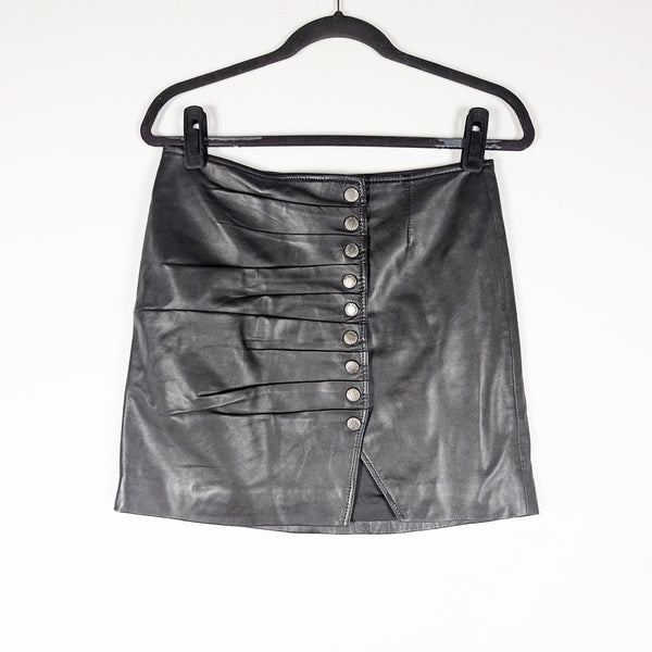 Retrofete Willa Genuine Leather Ruched Pleated Button Front Mini Skirt Black M