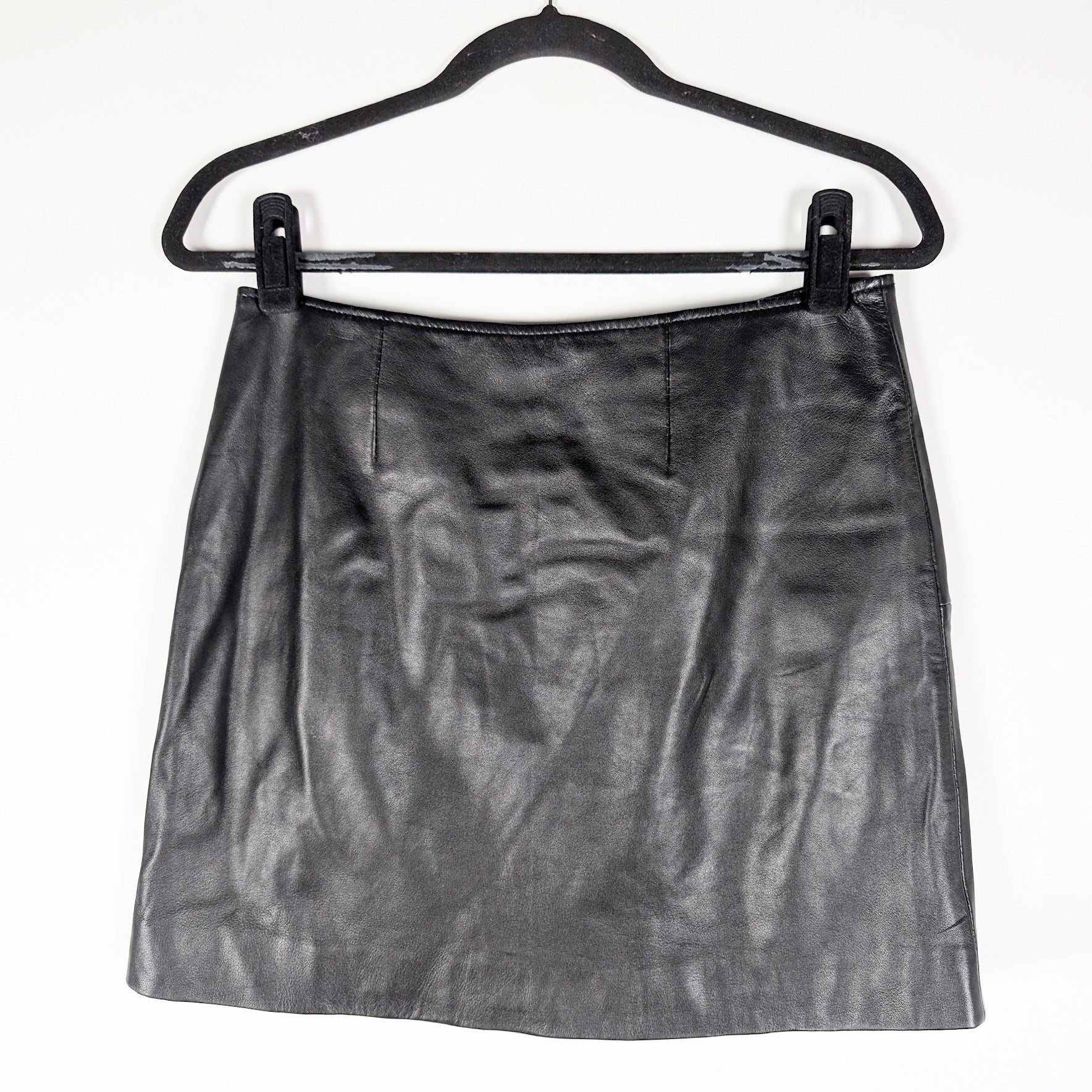 Retrofete Willa Genuine Leather Ruched Pleated Button Front Mini Skirt Black M