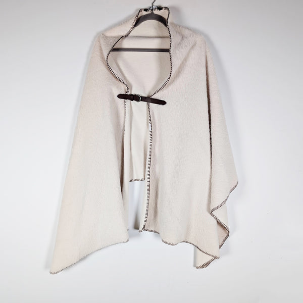 Zara Fuzzy Sherpa Faux Vegan Leather Buckle Open Front Cape Wrap Shawl Ivory