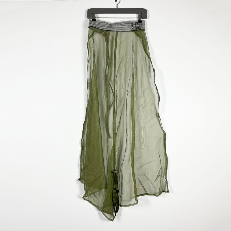 Tila & The Textiles Sheer Chiffon Tulle Mesh D Ring Belted Midi Skirt Green