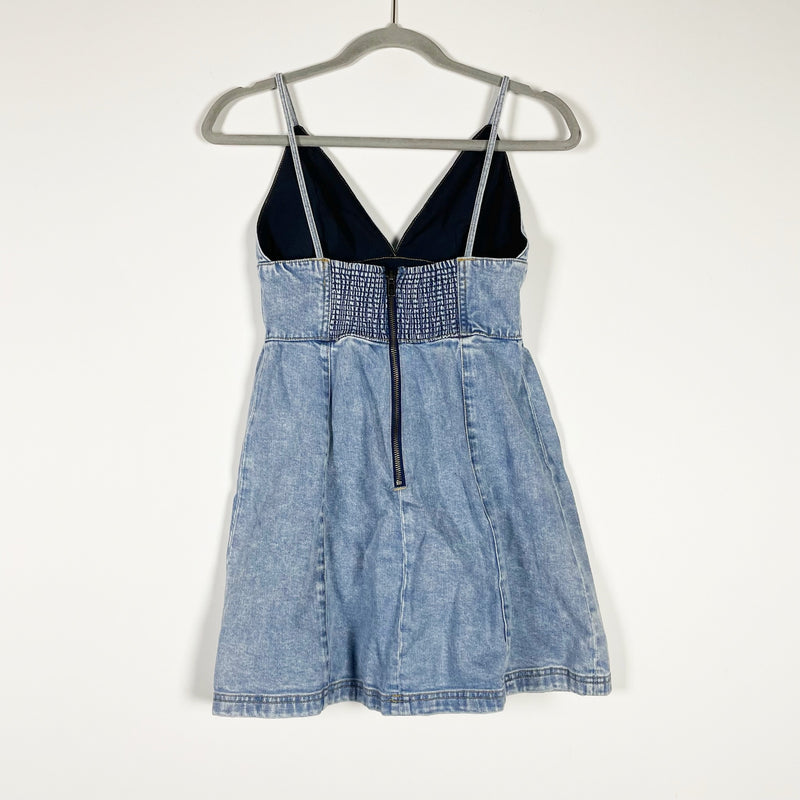 Alice + Olivia Carli Spaghetti Strap Tank Cotton Denim Mini Dress Rockstar Blue