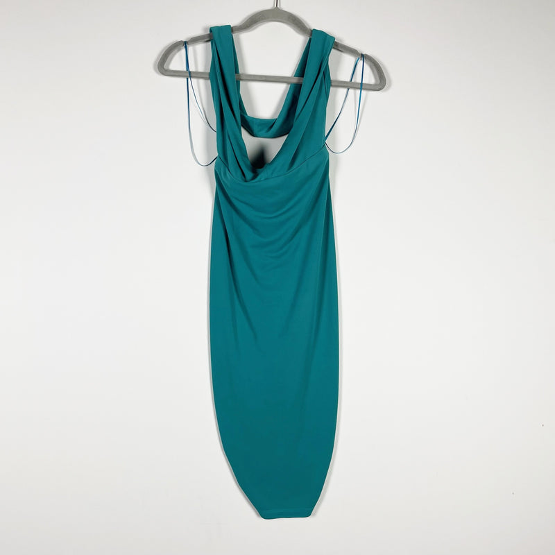 The Andamane Java Halter Neck Cut Out Ruched Mini Bodycon Dress Turquoise Blue