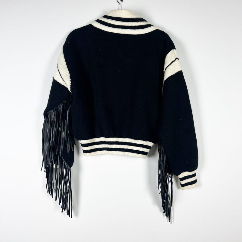 Alanui Wool Cashmere Blend Stretch Knit Fringe Varsity Cardigan Sweater Black S