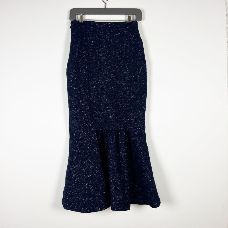 Jeune Otte Margo Wool Boucle Stretch Knit Fit Flare Mermaid Midi Skirt Blue 4