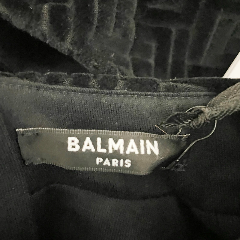 NEW Balmain Velvet Velour Logo Monogram Print Pattern Embossed Crop Top Black S