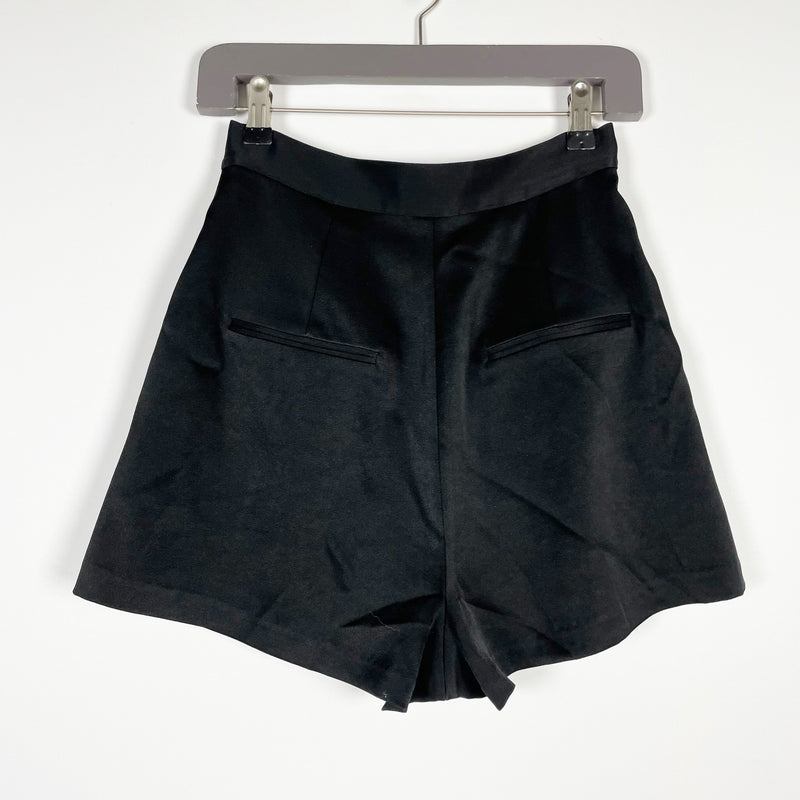 Alex Perry Porter Tailored Satin High Rise Pleated Wide Leg Mini Shorts Black 6