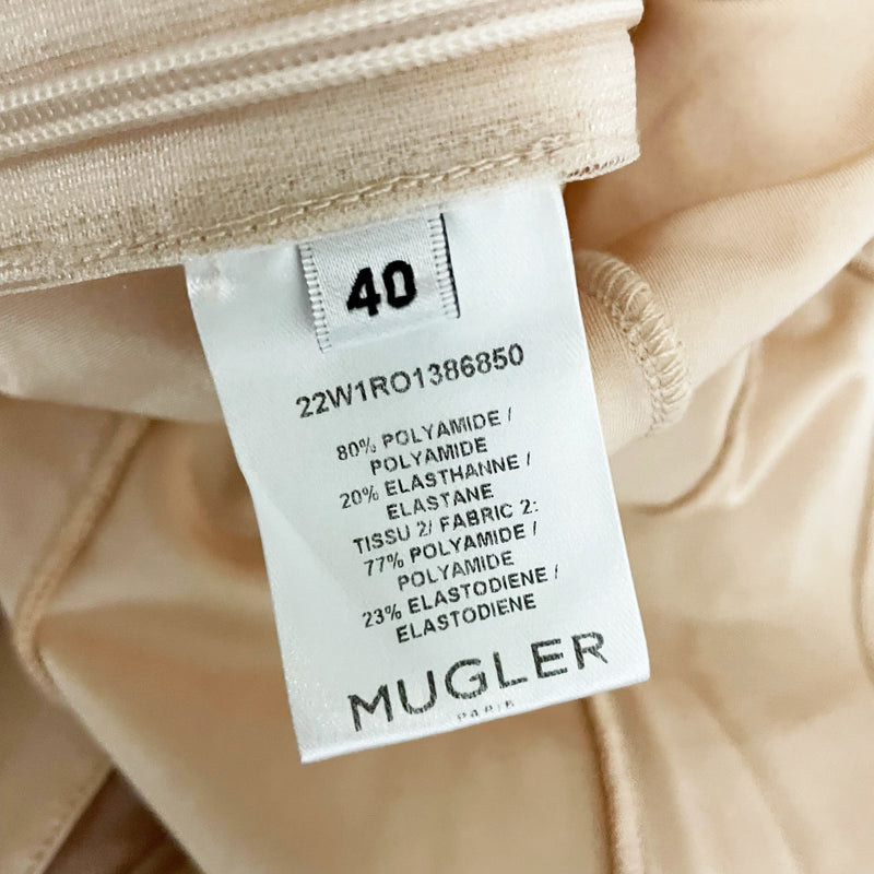 Mugler Logo Plaque Sheer Panel Long Sleeve Stretch Bodycon Mini Dress Neutral 40