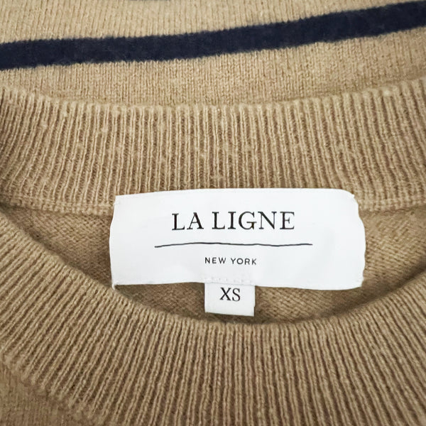 La Ligne Lean Lines Striped 100% Cashmere Knit Crew Neck Sweater Camel Navy XS