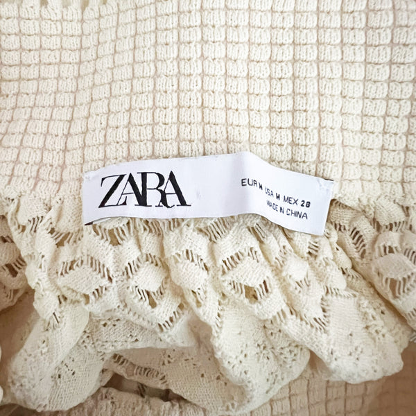 Zara Semi Sheer Crochet Knit Smocked Collar Waist Sweater Blouse Oatmeal Beige M