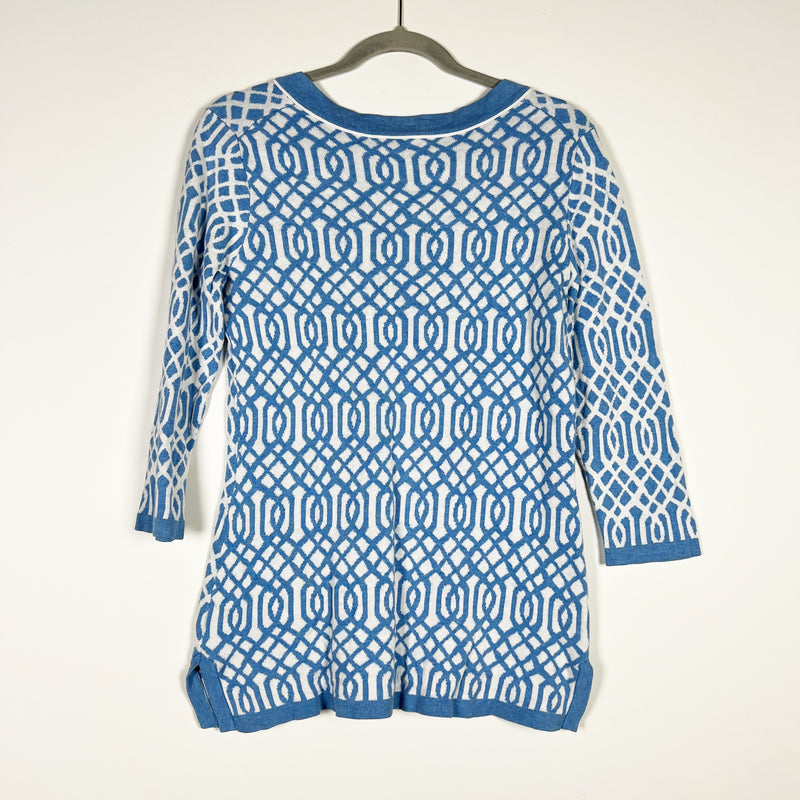 J. Mclaughlin Cotton Modal Stretch Knit Blue White Printed Tunic Sweater Medium