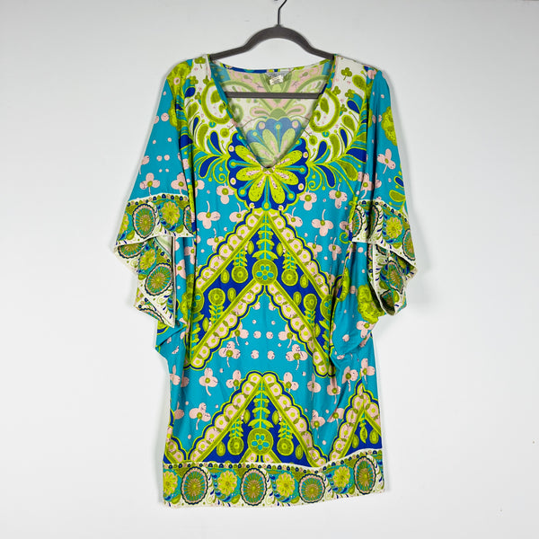 Trina Turk Woodblock Floral Flower Print Pattern Stretch Knit Tunic Dress Large