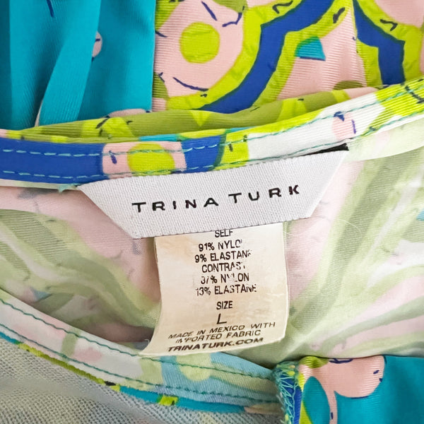Trina Turk Woodblock Floral Flower Print Pattern Stretch Knit Tunic Dress Large