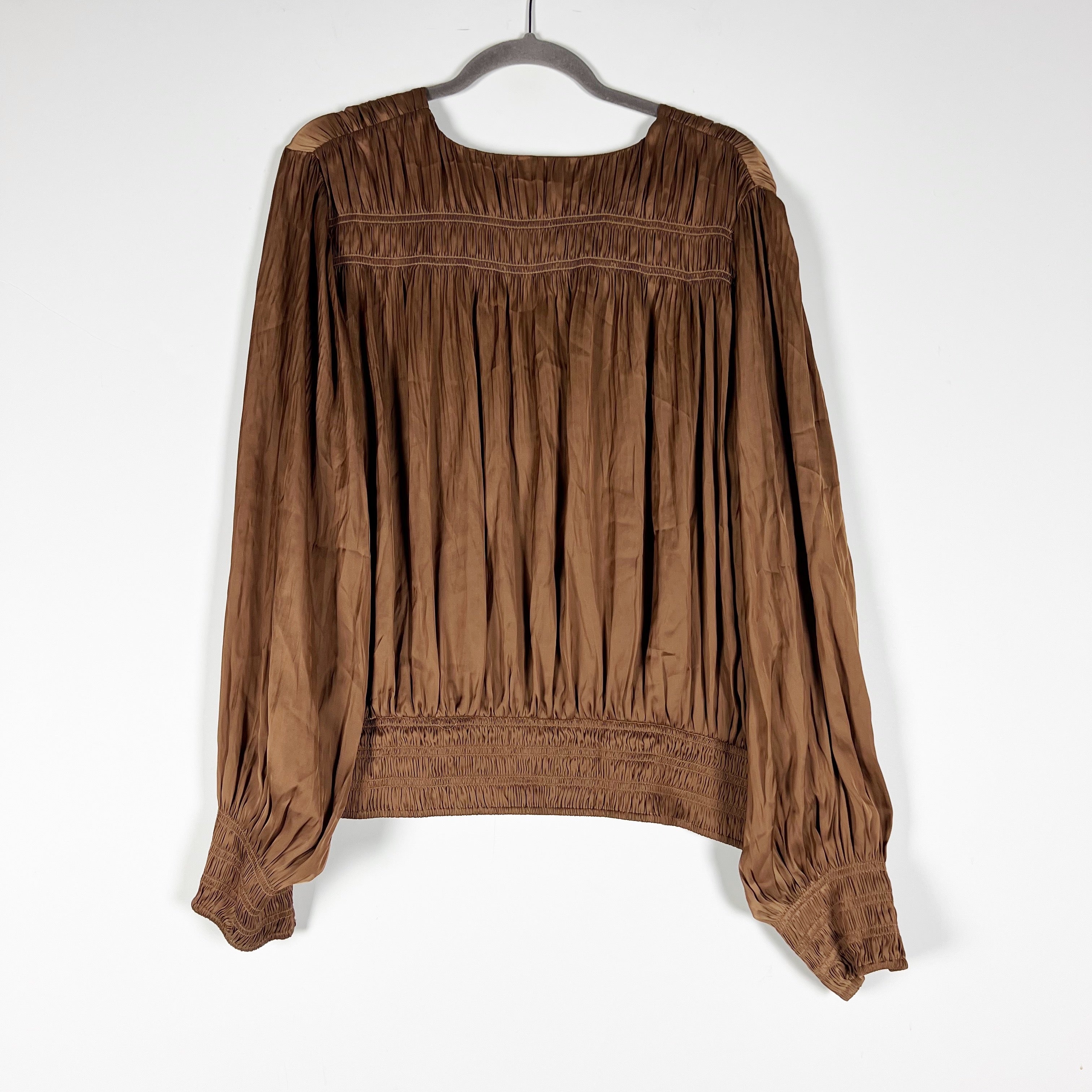 Frame Pleat Satin V Neck Long Sleeve Smocked Blouse Shirt Top Bronze Brown XL