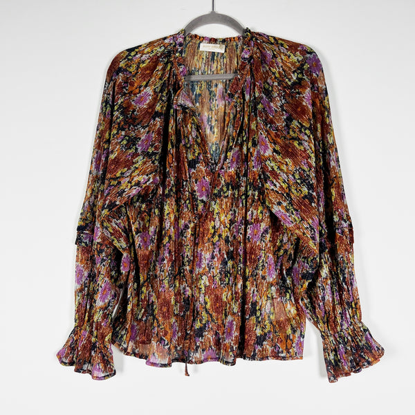 Ramy Brook Ellie Metallic Shine Sparkle Pleated Long Sleeve Blouse Shirt Top XL