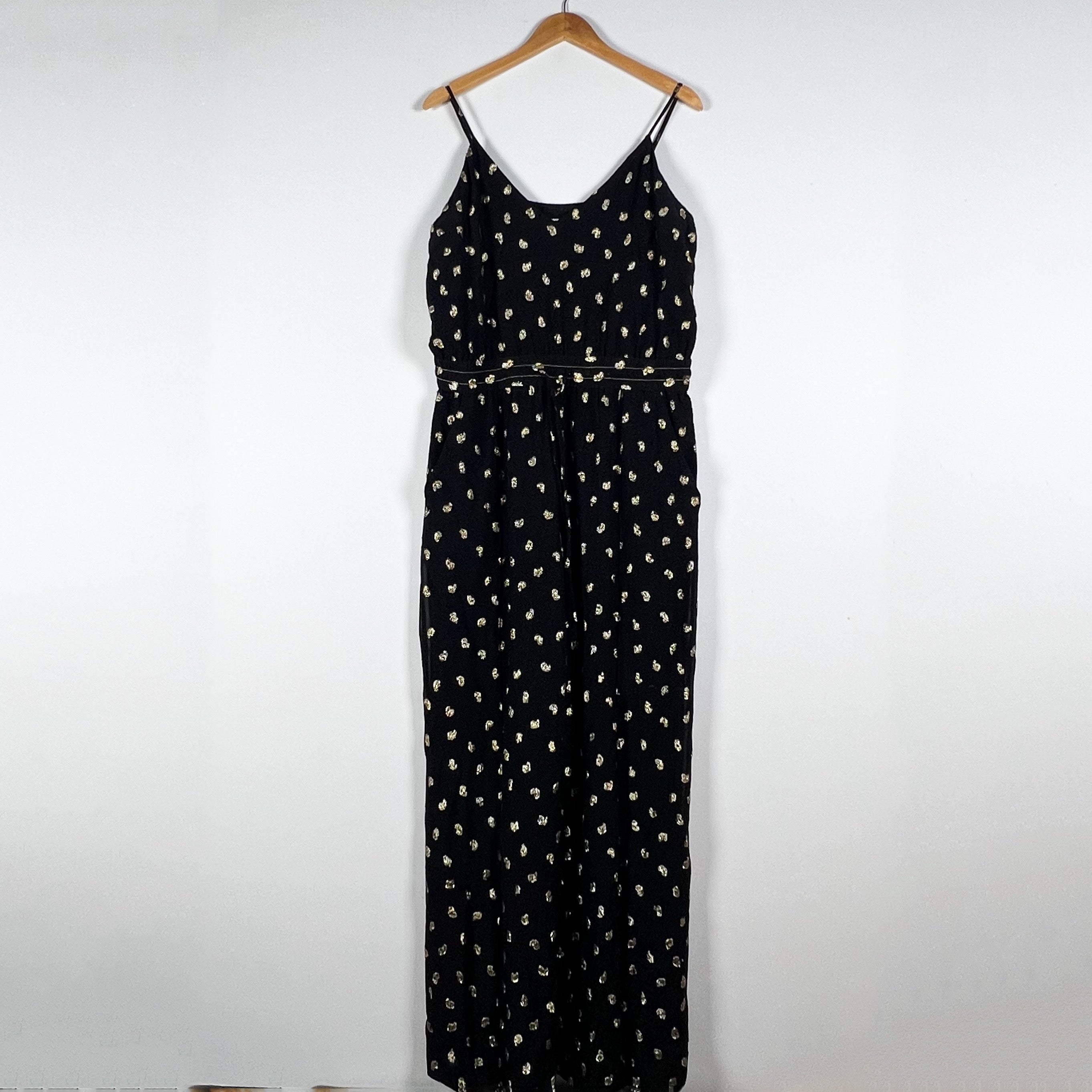 Derek Lam Kylie Swiss Metallic Gold Polka Dot Chiffon Jumpsuit Jumper Black 16