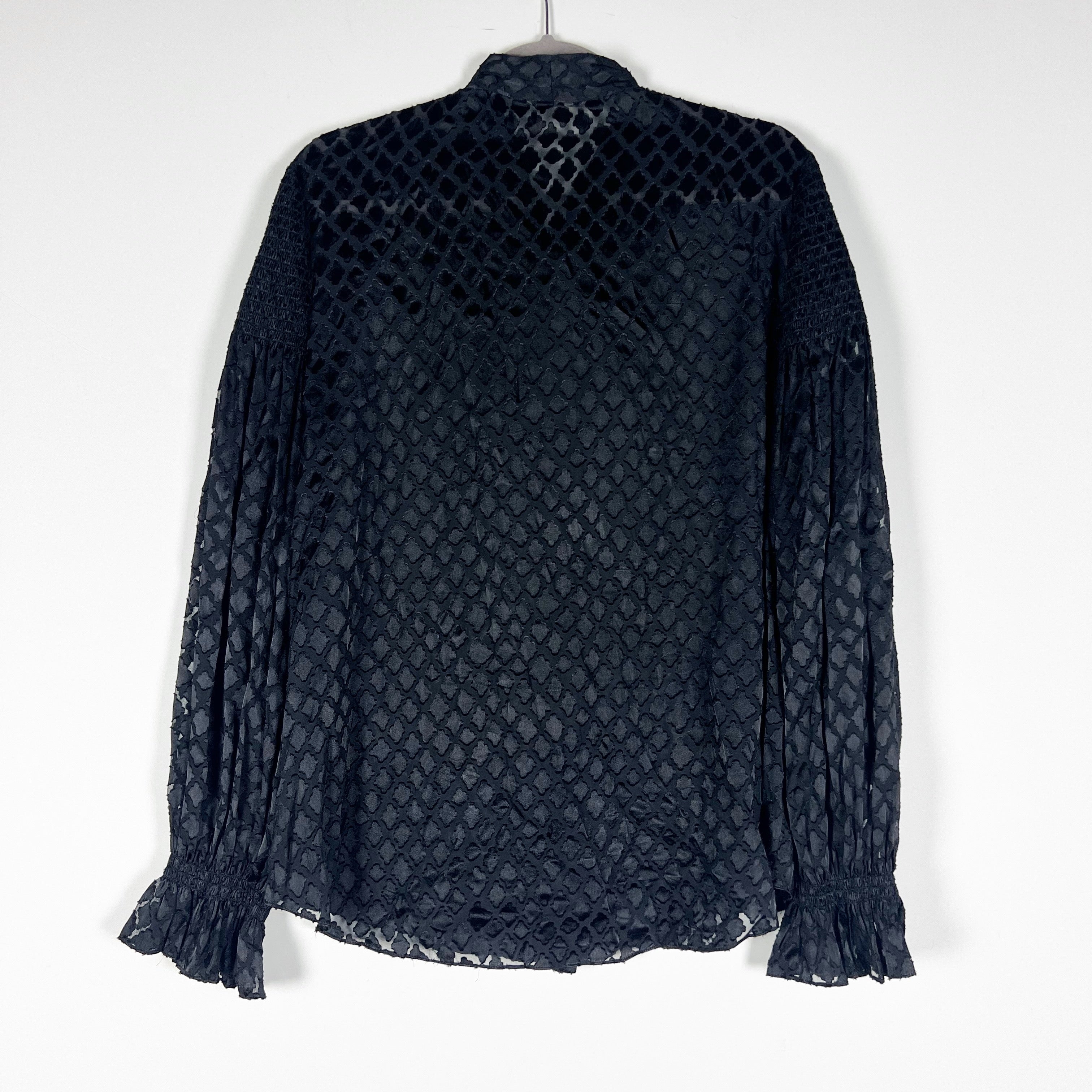 Diane Von Furstenberg Burn Out Button Down Neck Tie Long Sleeve Sheer Blouse L