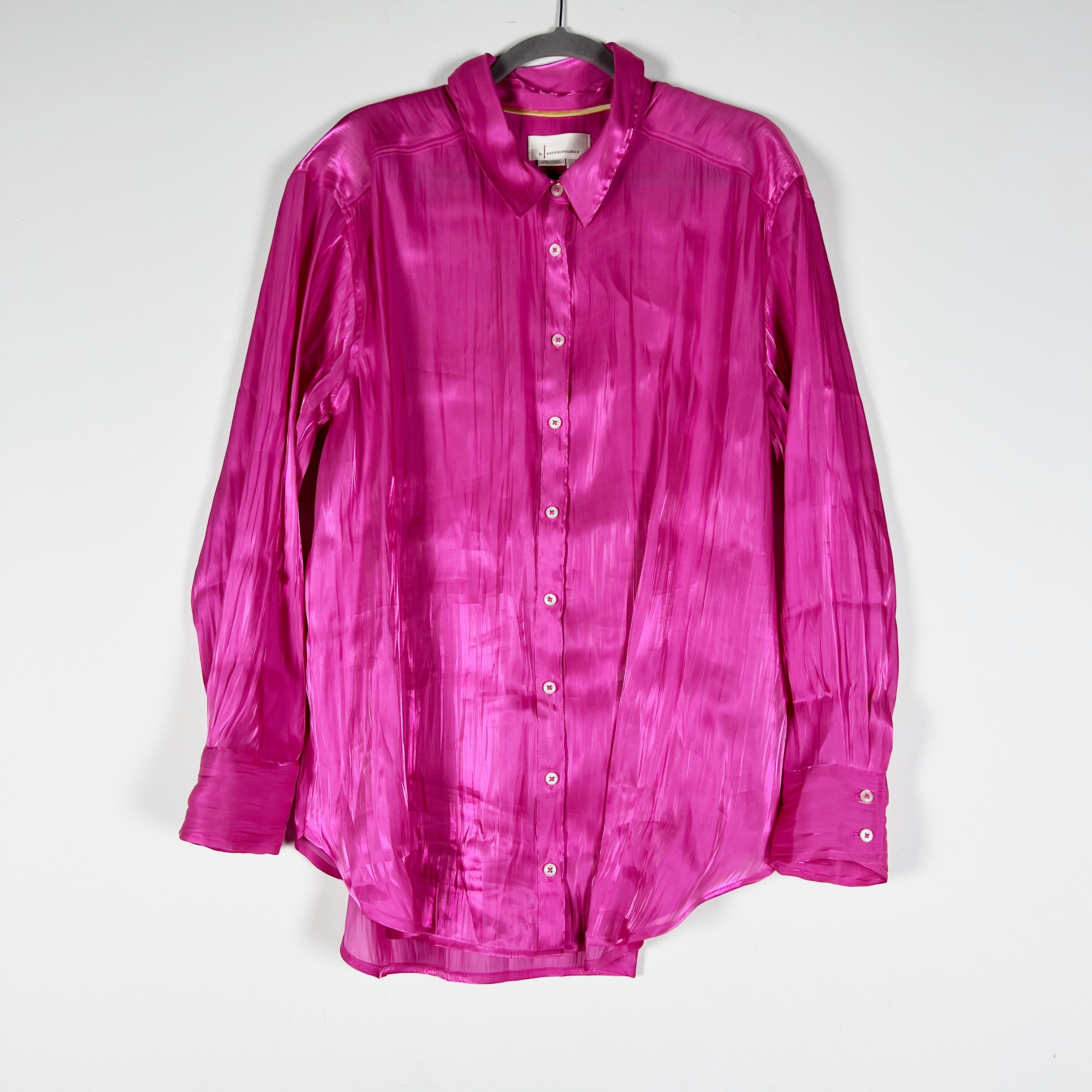 Anthropologie Silky Iridescent Buttondown Collared Long Sleeve Blouse Shirt Rose