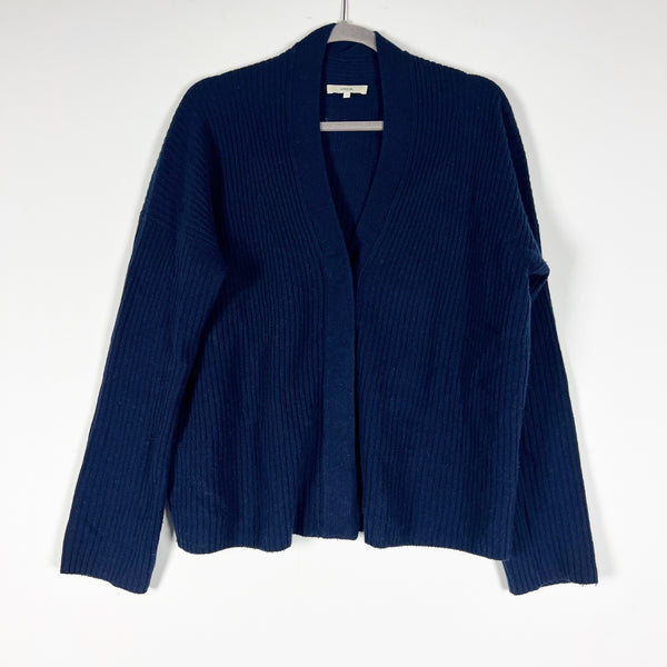 Vince Wool Cashmere Ribbed Knit Stretch Button Front Cardigan Wave Crest Blue L