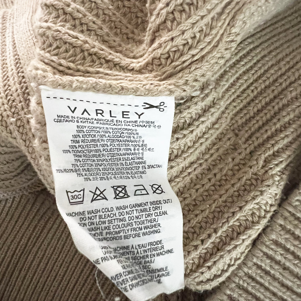 Varley Delfern Cotton Knit Full Zip Cardigan Sweater Iced Coffee Large
