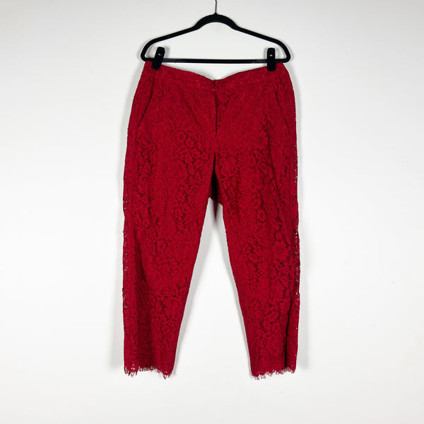 J. Crew Easy Pant Allover Lace Ankle Crop Mid Rise Trouser Pants Solid Red 12