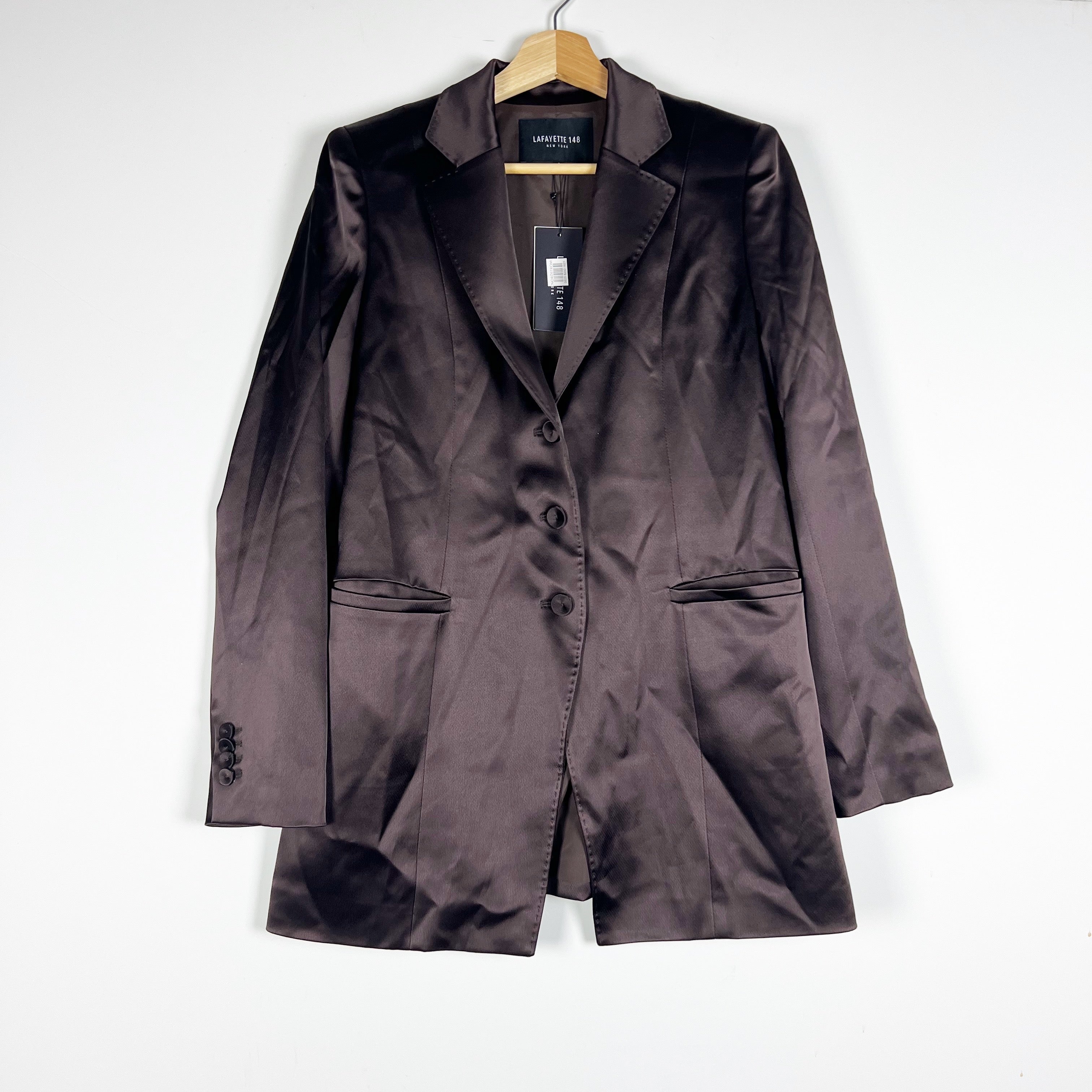 NEW Lafayette 148 New York Jaqueline Reverie Satin Button Blazer Jacket Truffle