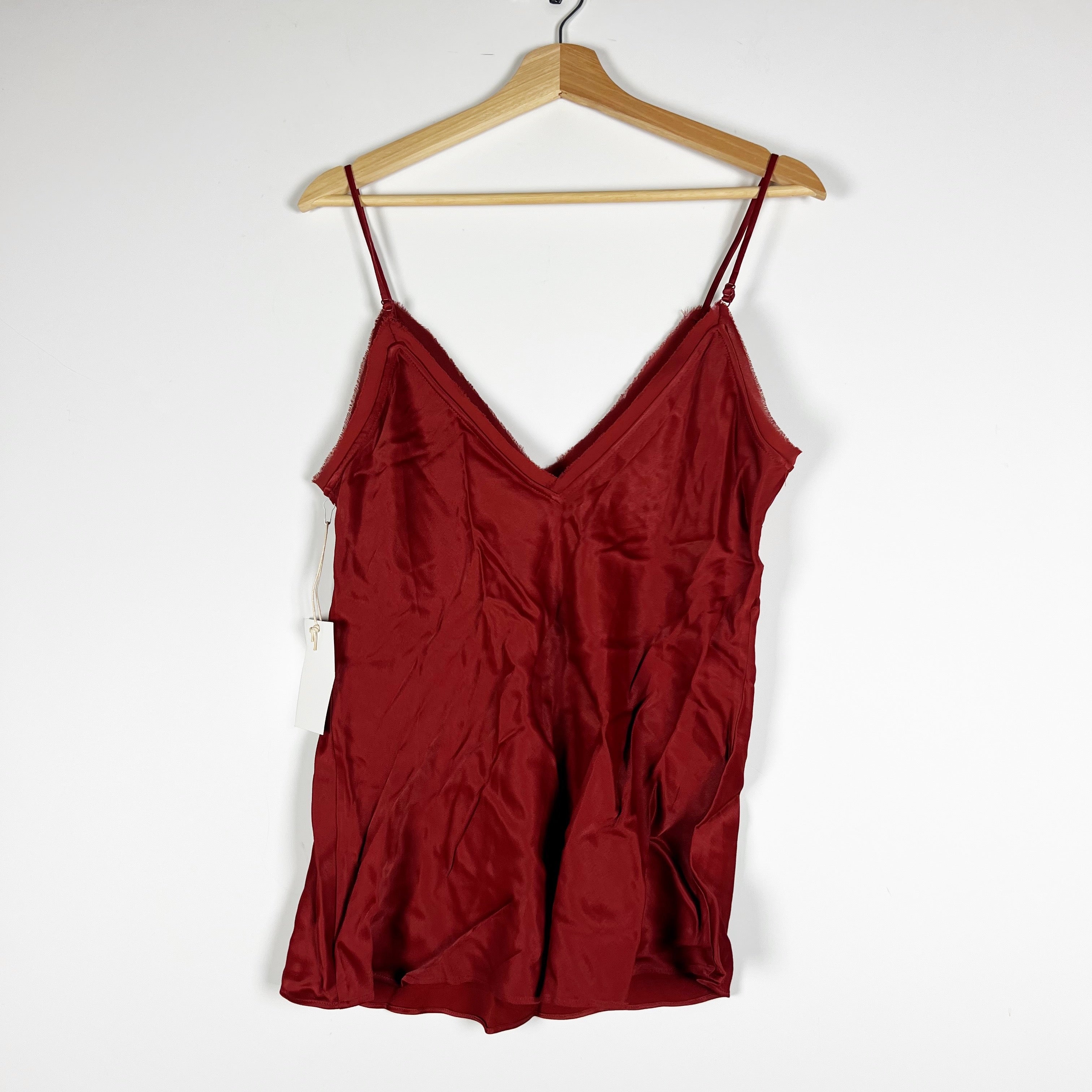 NEW Frame Satin Lounge Frayed Edge Hem V Neck Camisole Tank Top Burnt Henna L