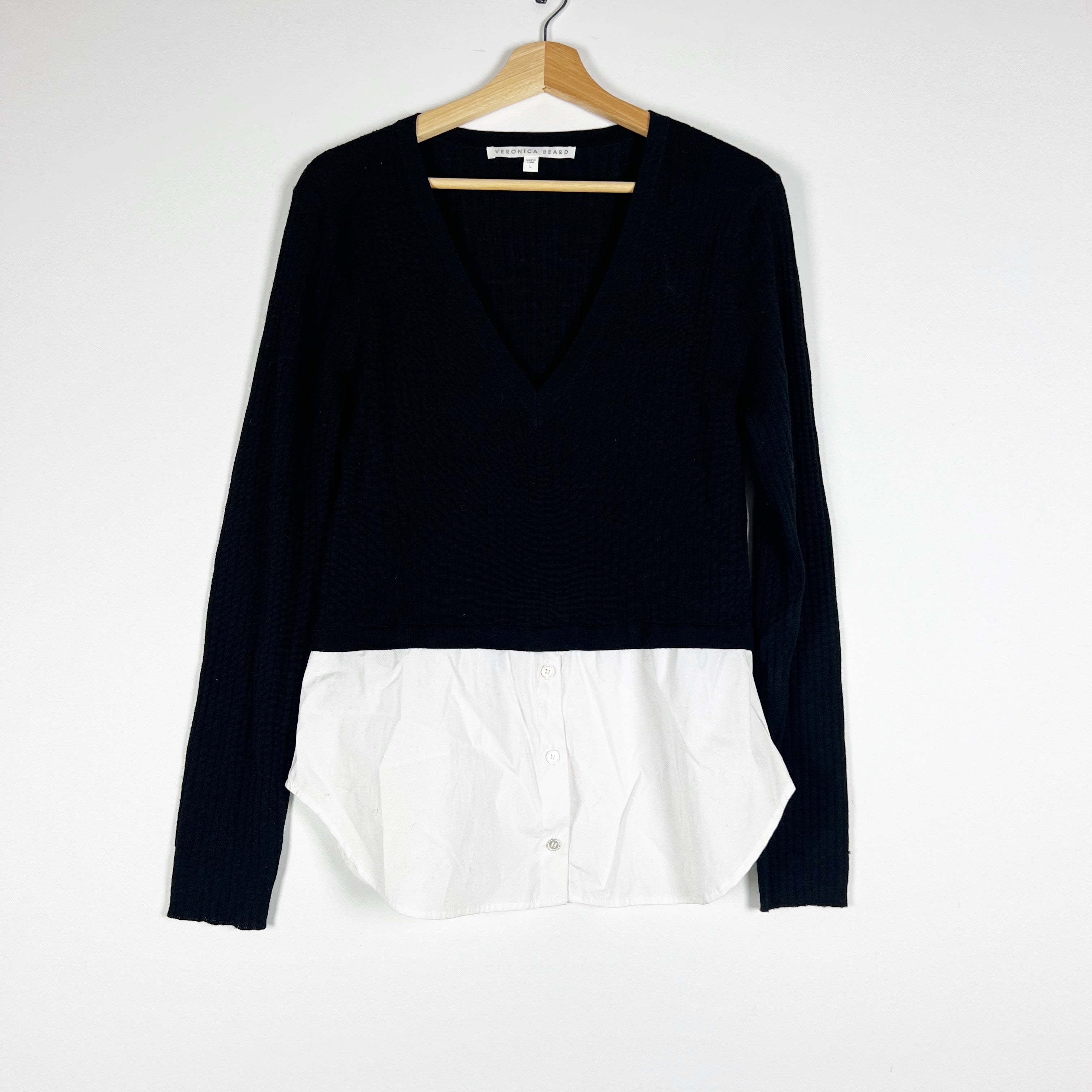 Veronica Beard Lydia Mixed Media Wool Knit Cotton Stretch Pullover Sweater Large