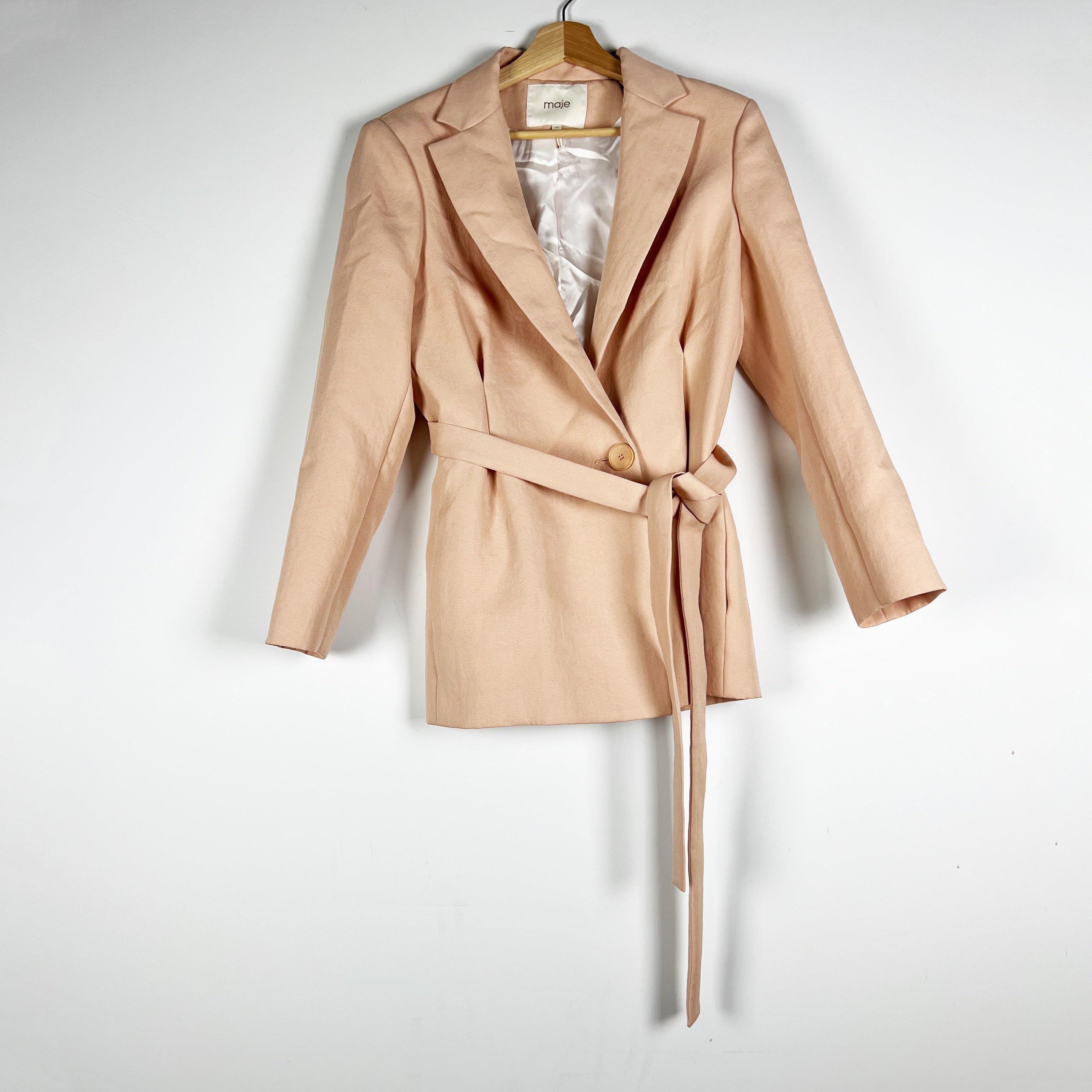 Maje Vasile Collared One Button Tie Waist Blazer Jacket Neutral Pink Cream 40