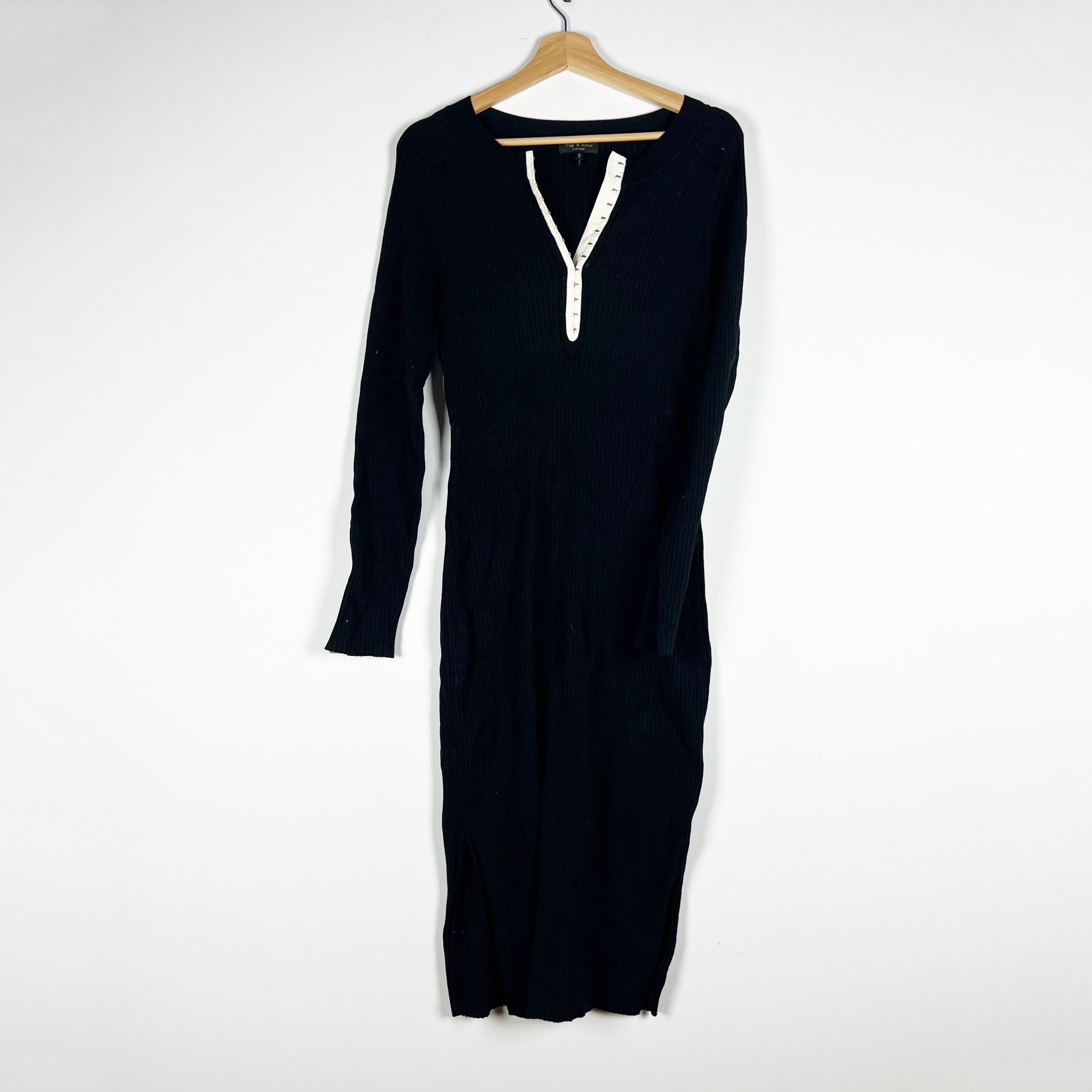 Rag &amp; Bone Brynn Cotton Ribbed Knit Stretch V Neck Pullover Sweater Dress Black