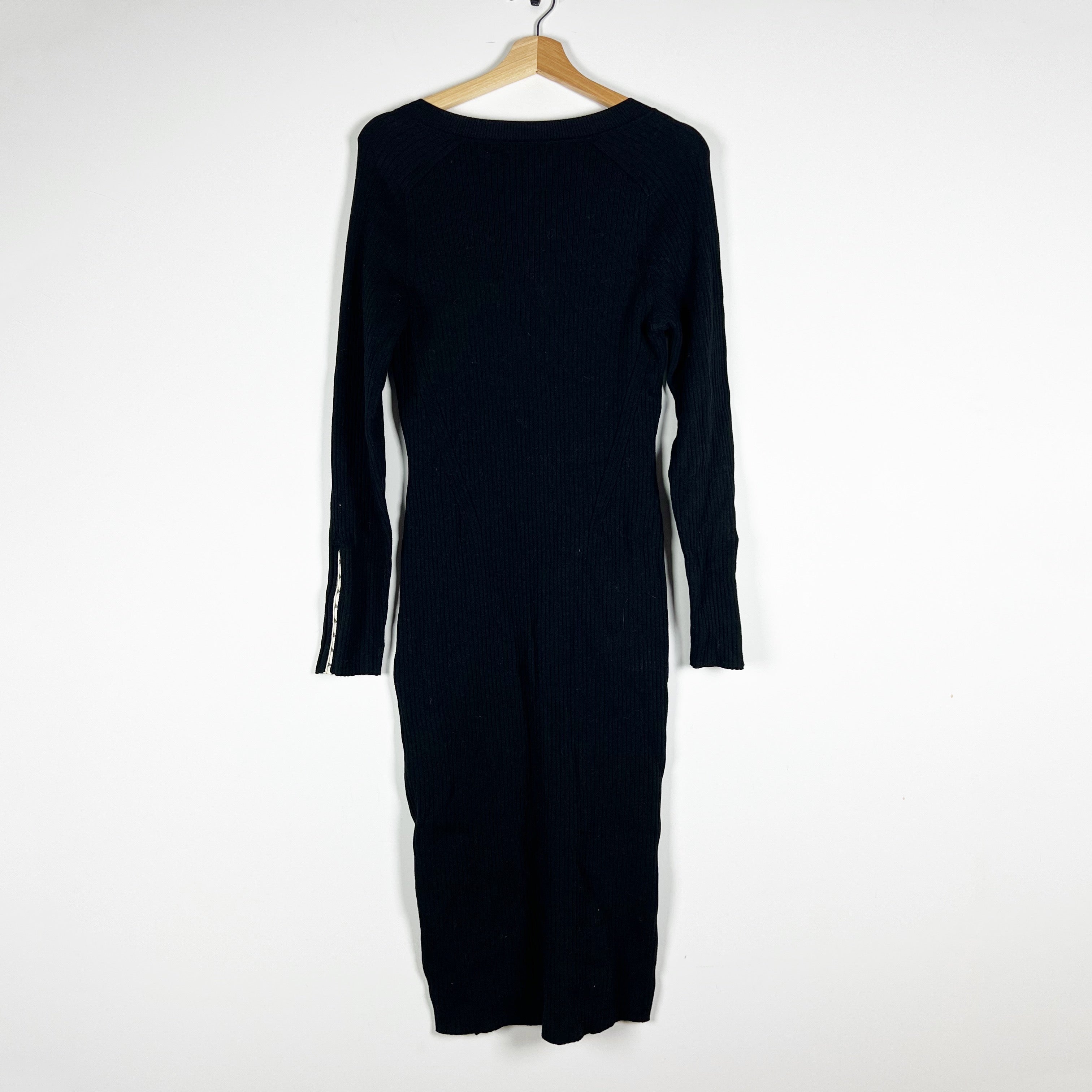Rag &amp; Bone Brynn Cotton Ribbed Knit Stretch V Neck Pullover Sweater Dress Black