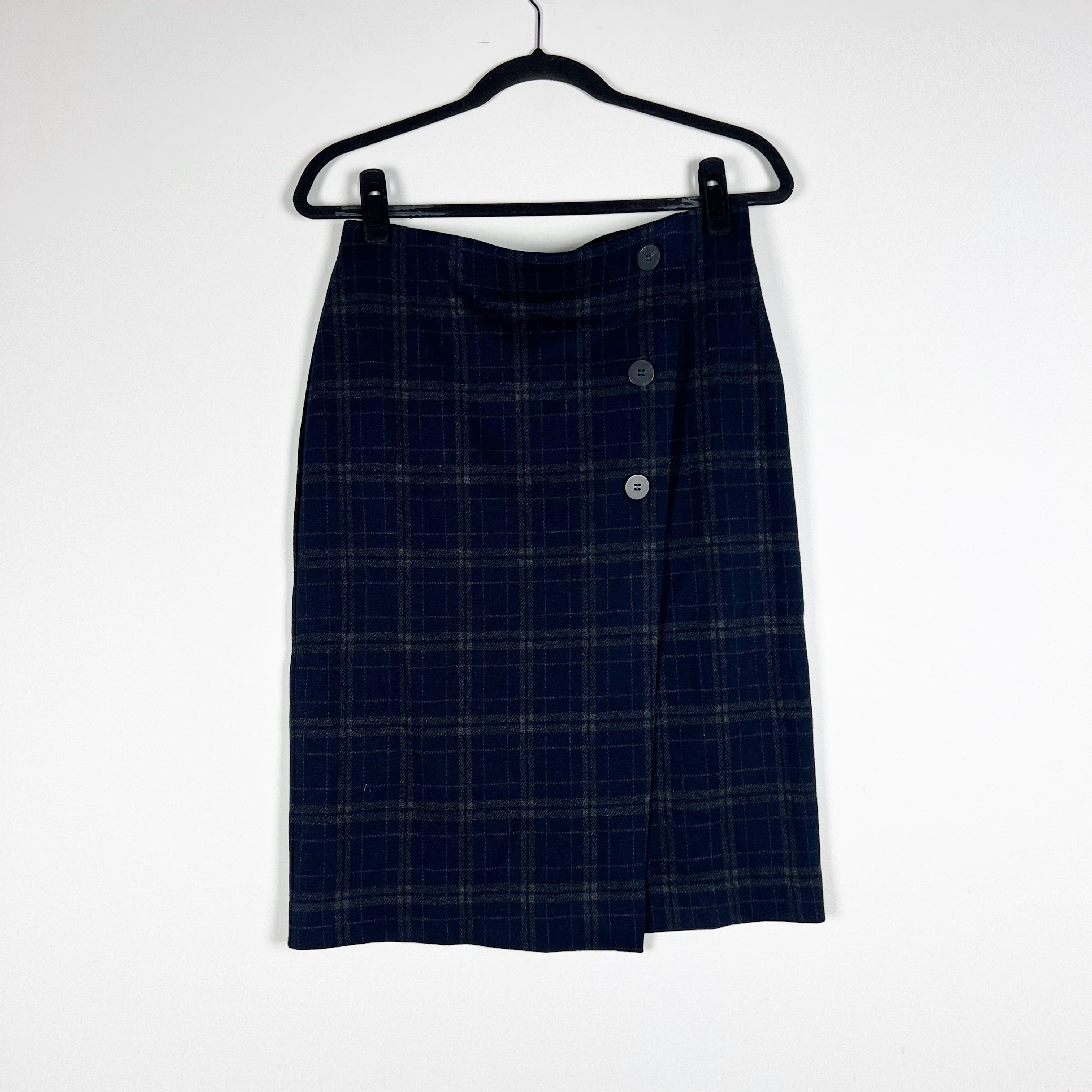 NEW J. Jill Sweater Knit Stretch Wrap Button Front Navy Blue Plaid Pencil Skirt