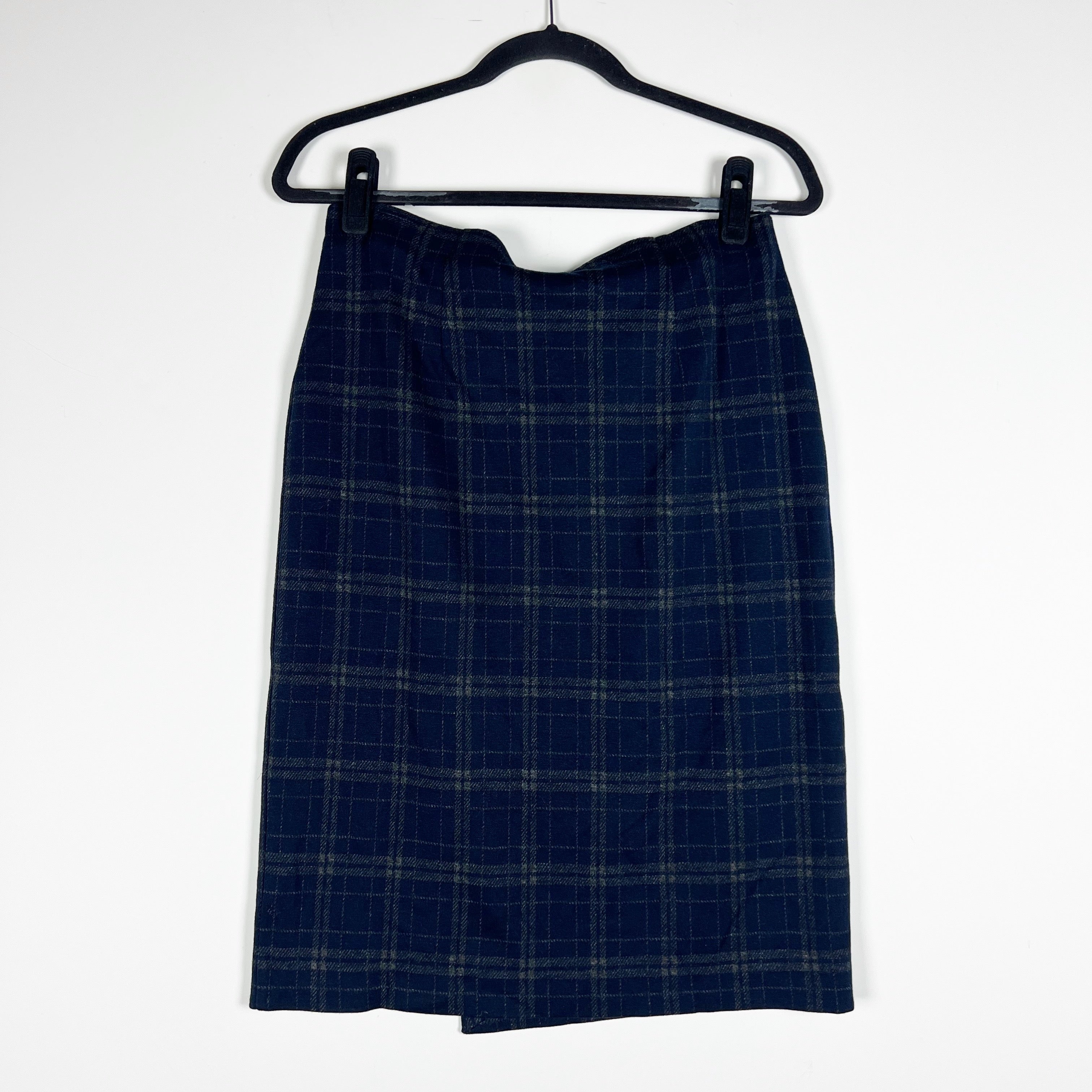 NEW J. Jill Sweater Knit Stretch Wrap Button Front Navy Blue Plaid Pencil Skirt