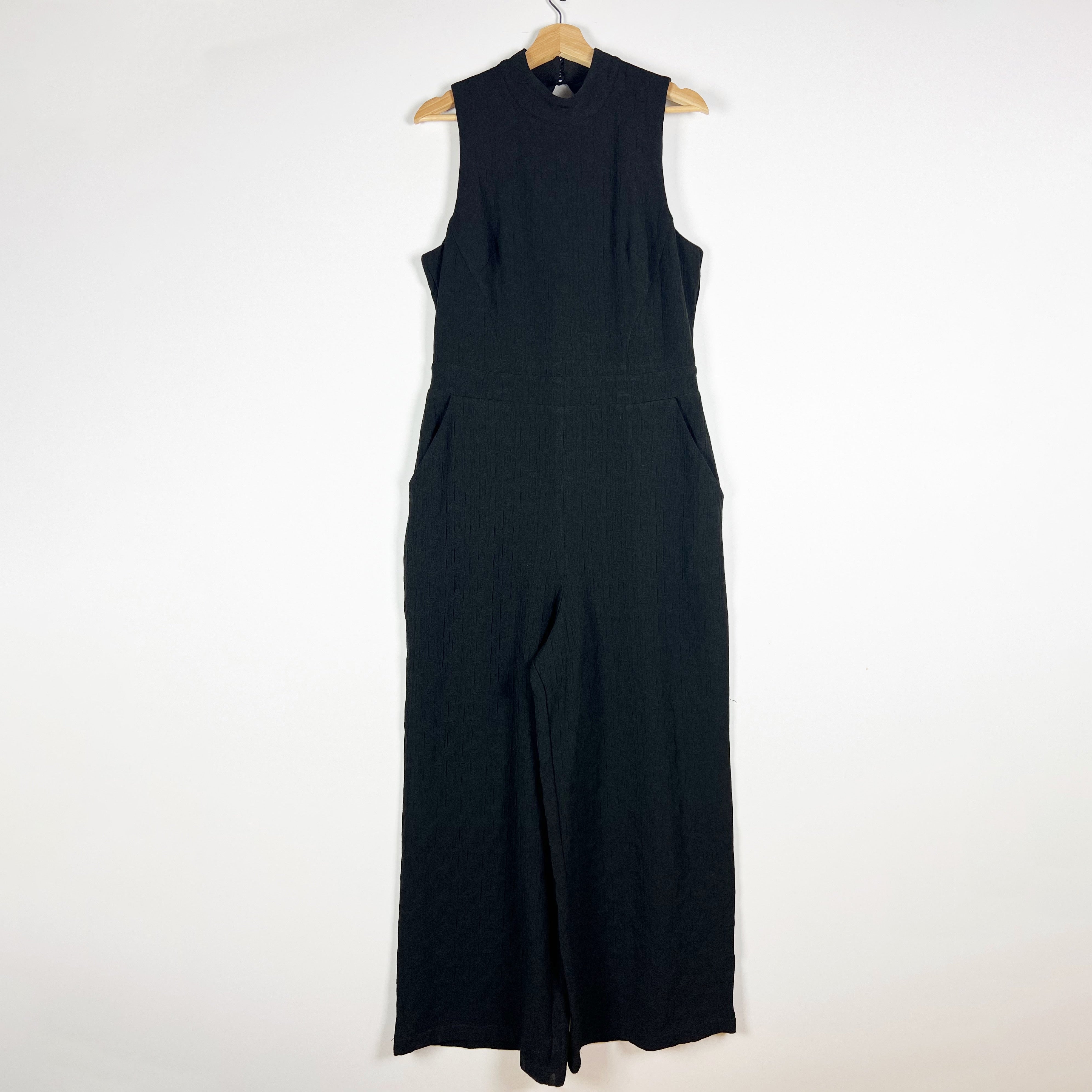 NEW Eva Franco Charley Mock Neck Sleeveless Full Length Textured Jumpsuit Black