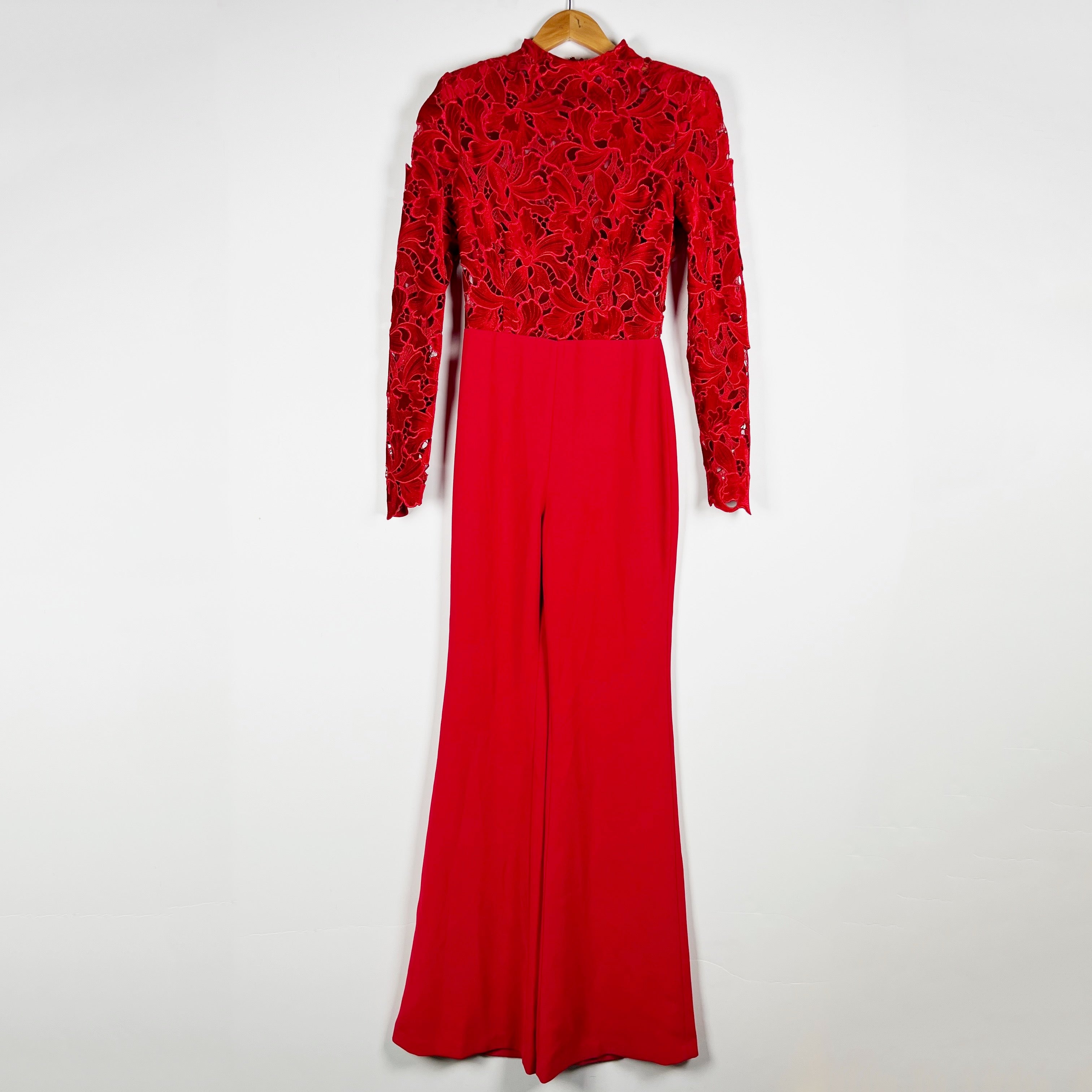 Nadine Merabi Eleanor Red Velvet Velour Lace Detail High Neck Jumpsuit Jumper S