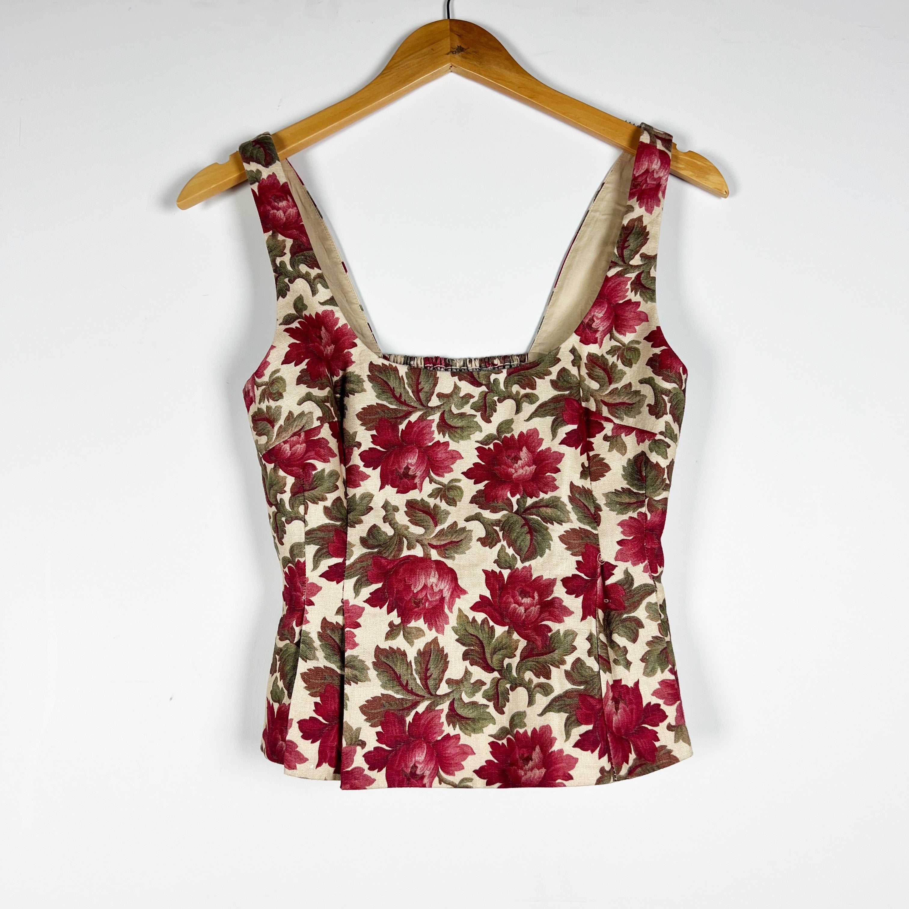 NEW Posse Rosalie Linen Woven Square Neck Tank Top Rose Bud Print Pattern XS