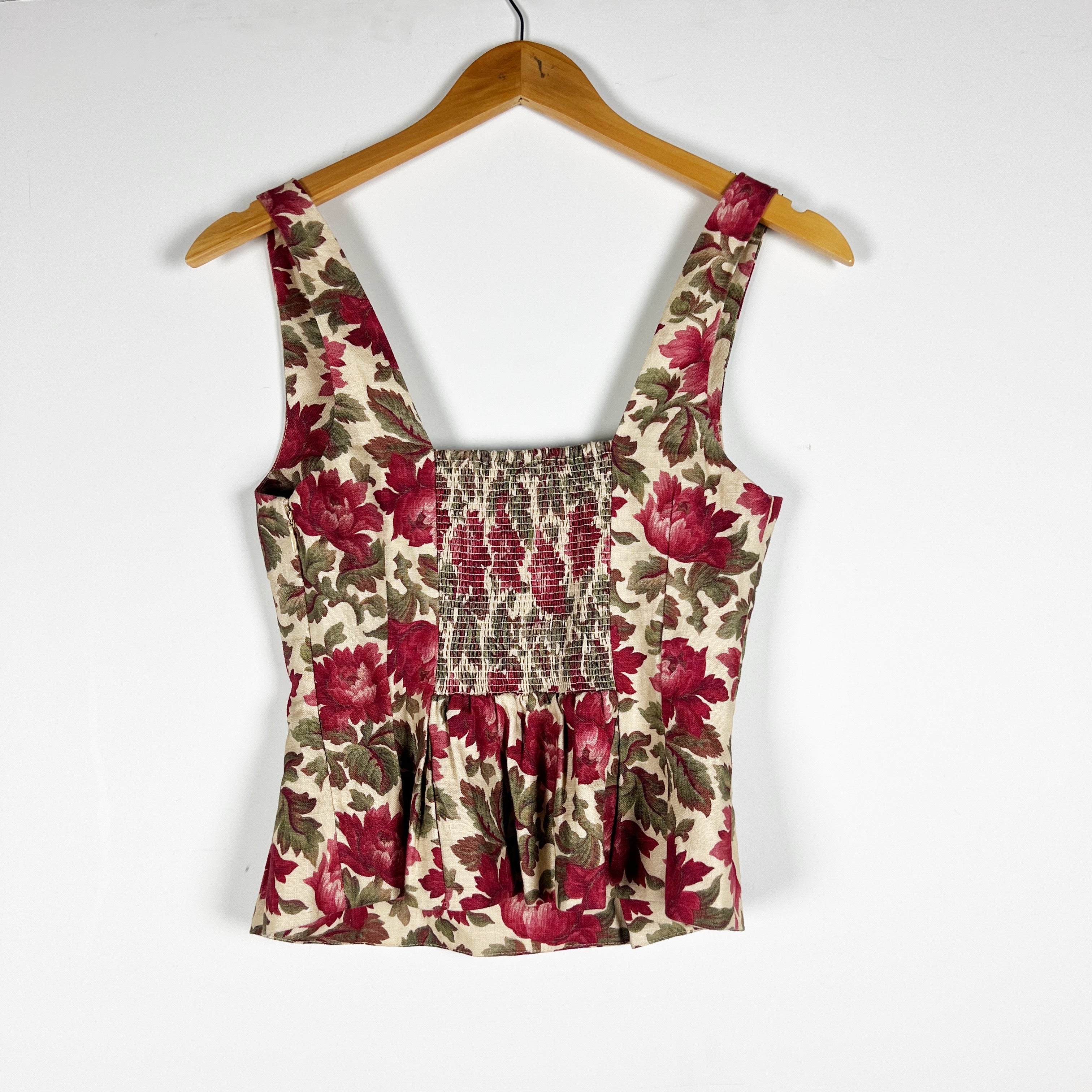 NEW Posse Rosalie Linen Woven Square Neck Tank Top Rose Bud Print Pattern XS