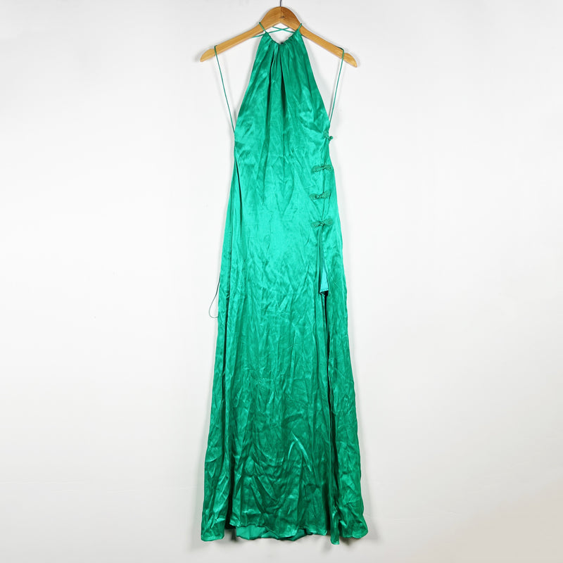 NEW Sau Lee Porter Satin High Halterneck Sleeveless Slit Maxi Dress Jade Green 0