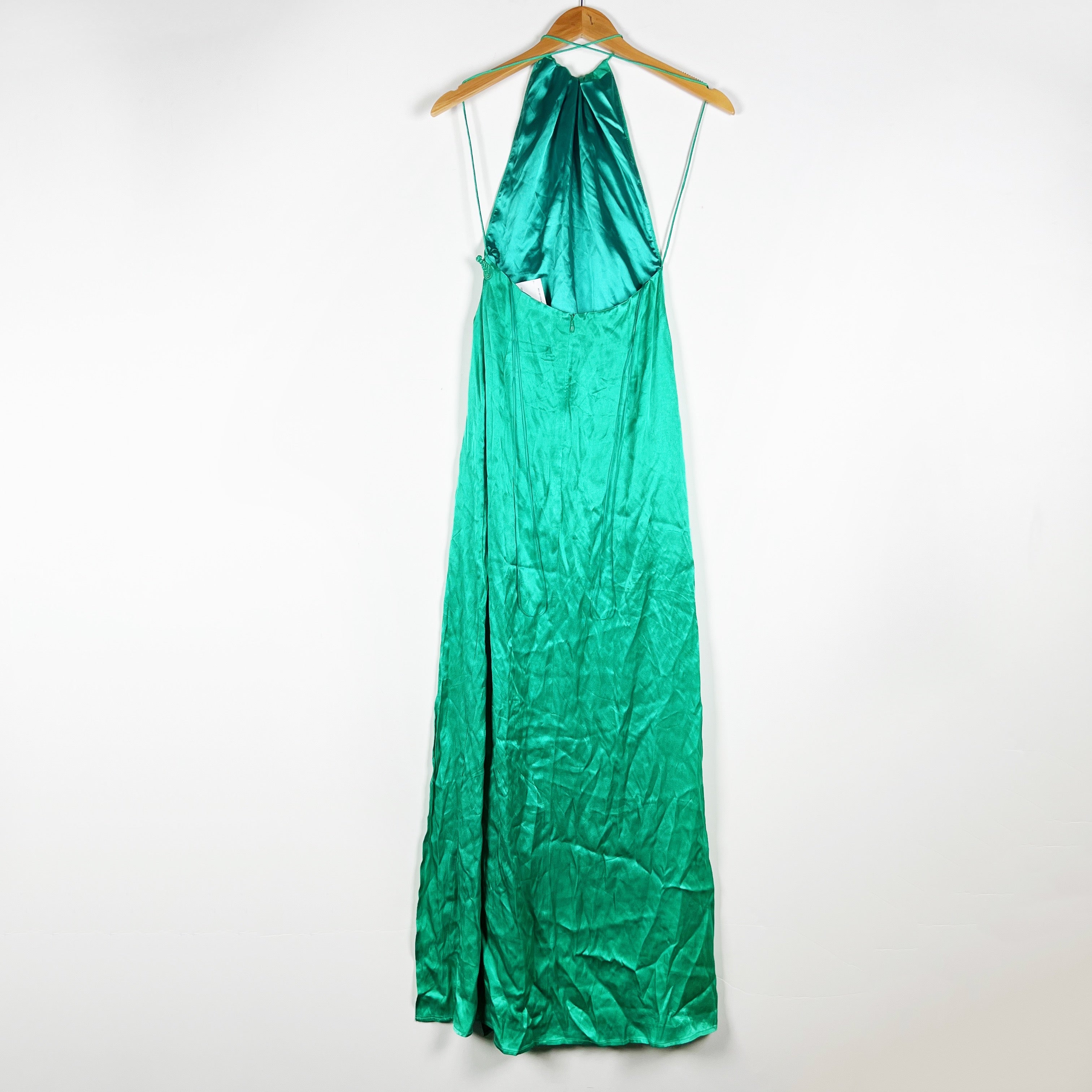 NEW Sau Lee Porter Satin High Halterneck Sleeveless Slit Maxi Dress Jade Green 0
