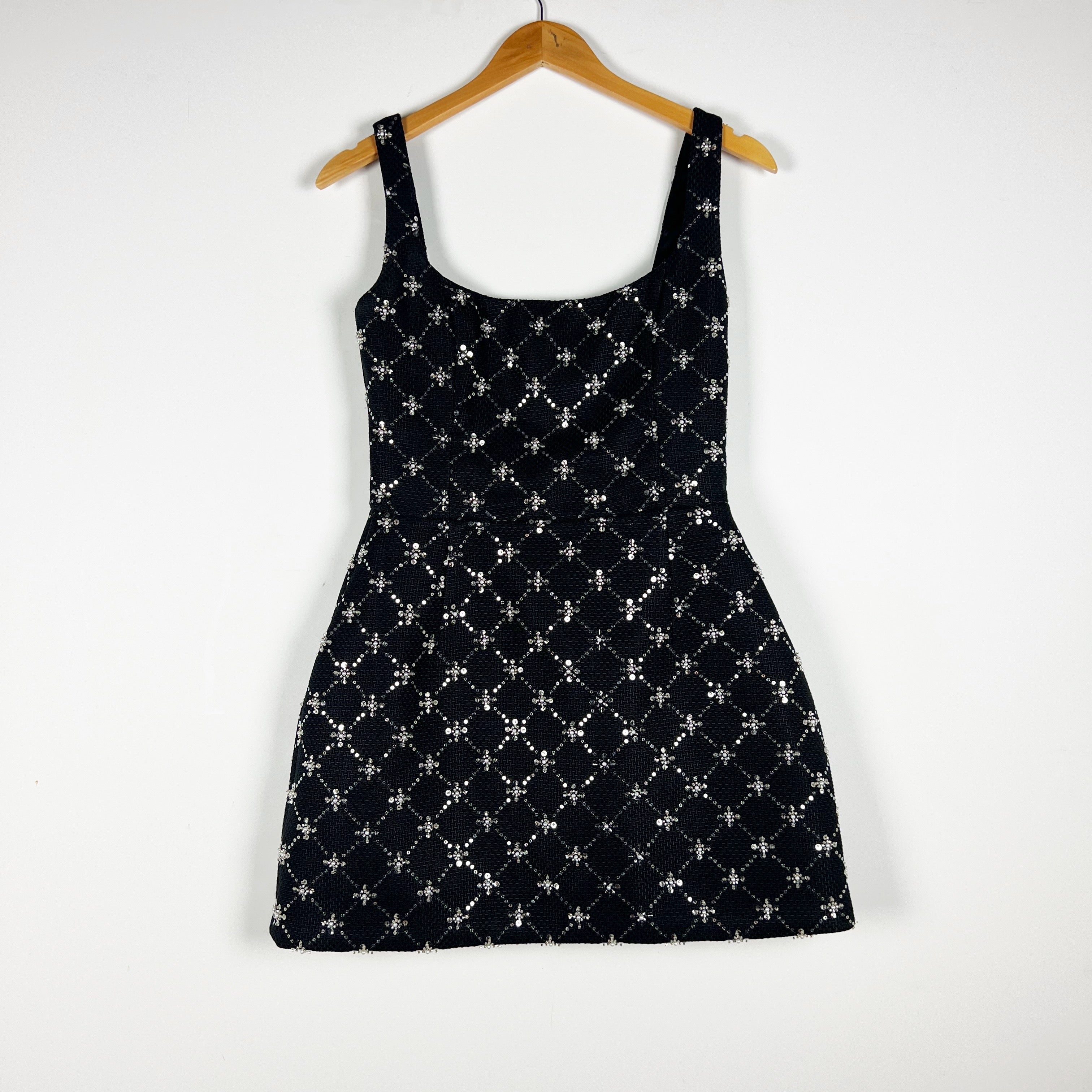 Nadine Merabi Sofia Pearl Sequin Beaded Embellished Square Neck Mini Dress Black