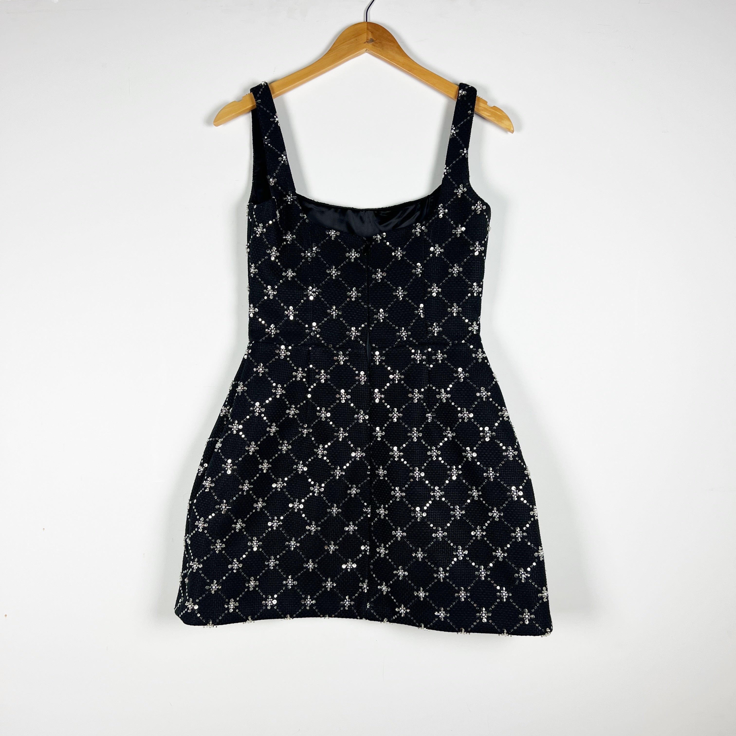 Nadine Merabi Sofia Pearl Sequin Beaded Embellished Square Neck Mini Dress Black