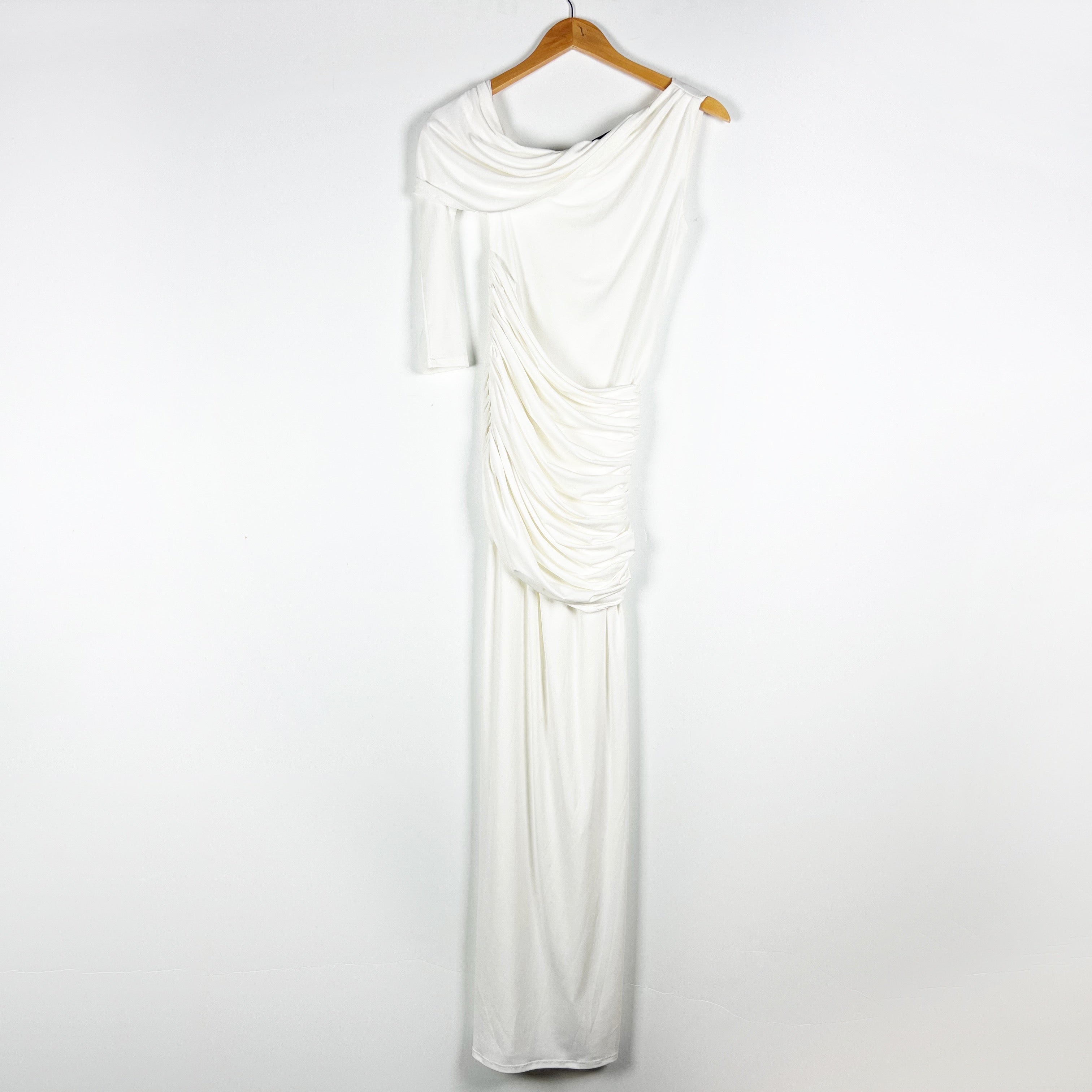 Michael Costello x Revolve Mireille Jersey Knit Stretch Draped Maxi Dress White