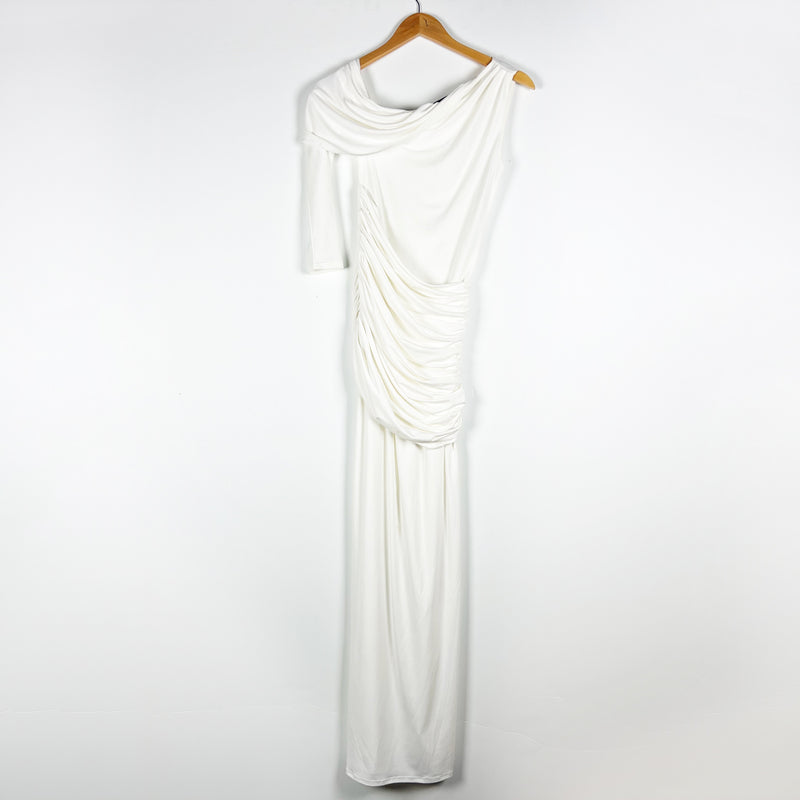 Michael Costello x Revolve Mireille Jersey Knit Stretch Draped Maxi Dress White